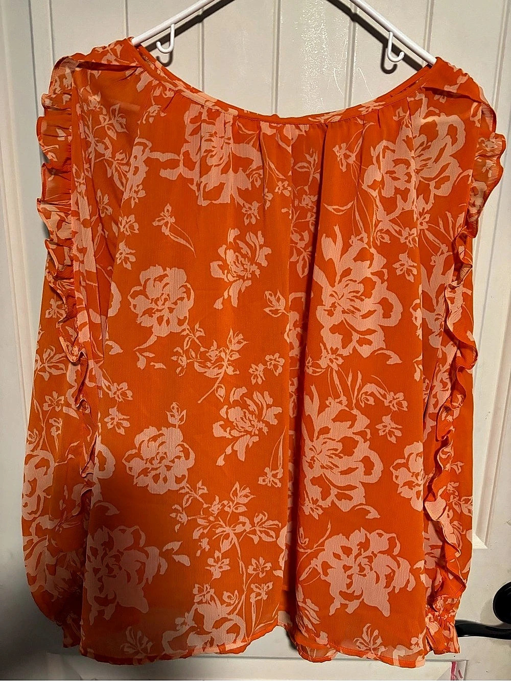 Ann Taylor Floral Ruffle Sleeve Blouse in Orange & White XL